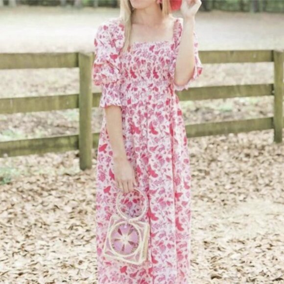 Victoria Dunn  Ol' Village Songbird Midi Dress Pink Smocked Floral Cotton Large - Picture 1 of 13